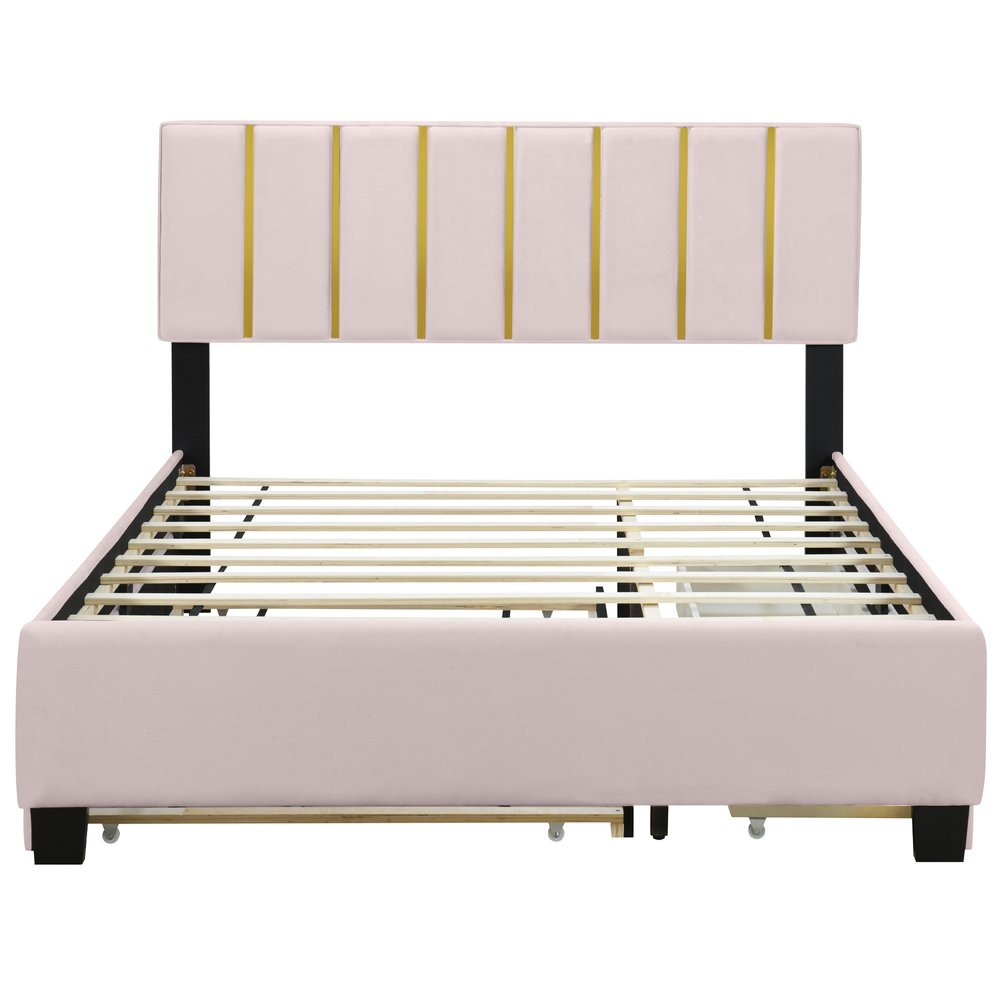 Pink Tufted Velvet Upholstered Queen Bed Frame With Trundle And Drawers