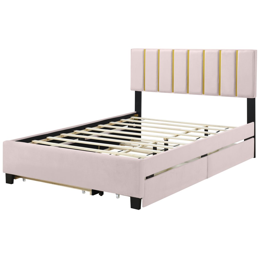 Pink Tufted Velvet Upholstered Queen Bed Frame With Trundle And Drawers