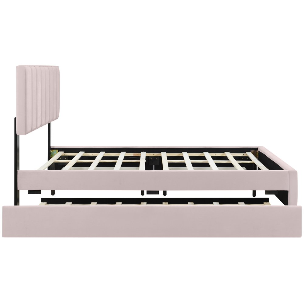 Pink Tufted Velvet Upholstered Queen Bed Frame With Trundle And Drawers