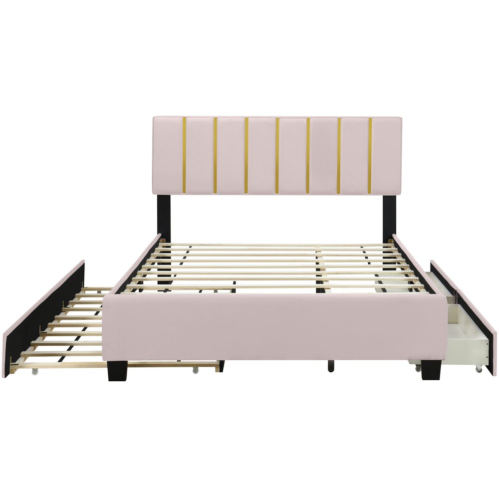 Pink Tufted Velvet Upholstered Queen Bed Frame With Trundle And Drawers