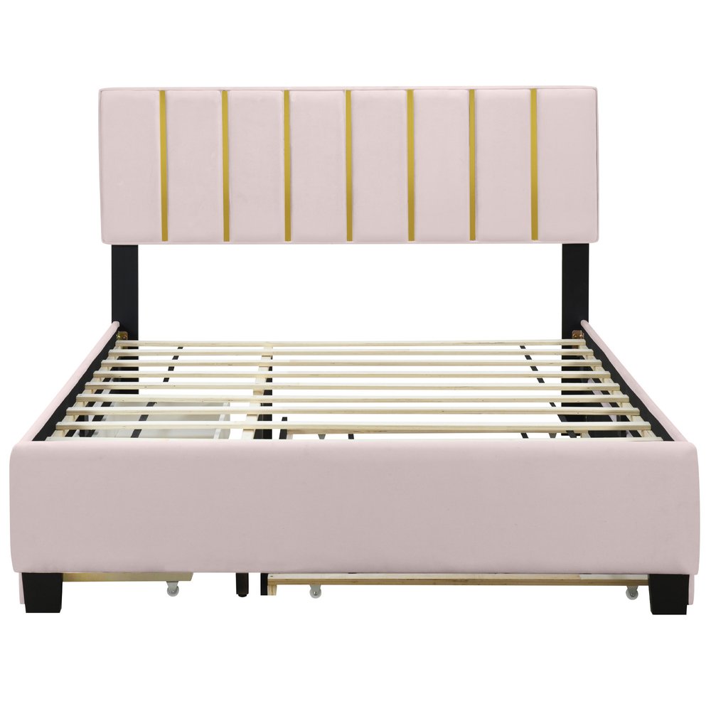 Pink Tufted Velvet Upholstered Queen Bed Frame With Trundle And Drawers