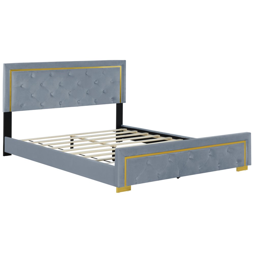 Gray Tufted Velvet Upholstered Queen Bed Frame