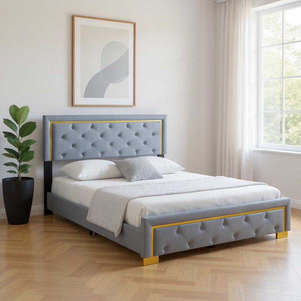 Gray Tufted Velvet Upholstered Queen Bed Frame