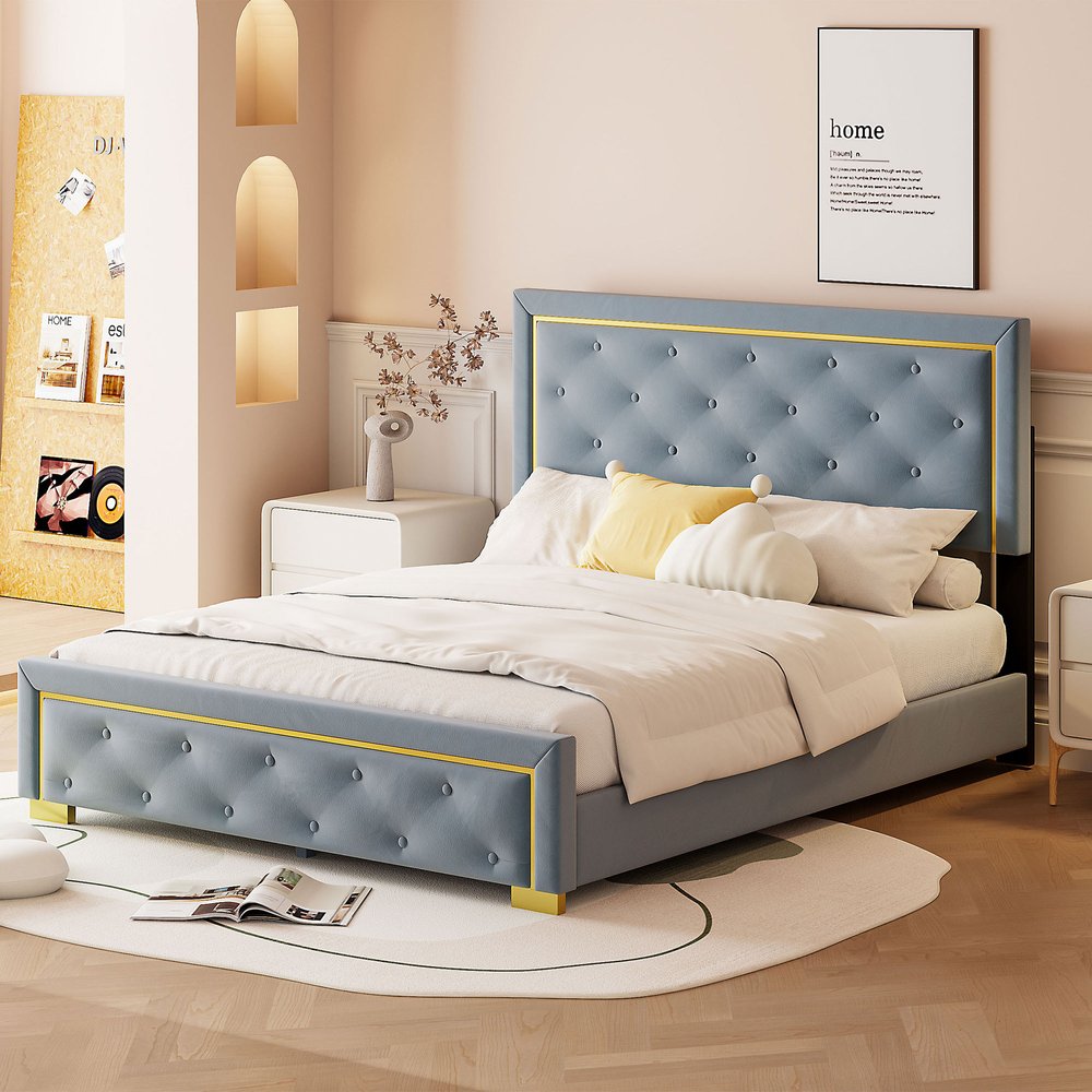 Gray Tufted Velvet Upholstered Queen Bed Frame