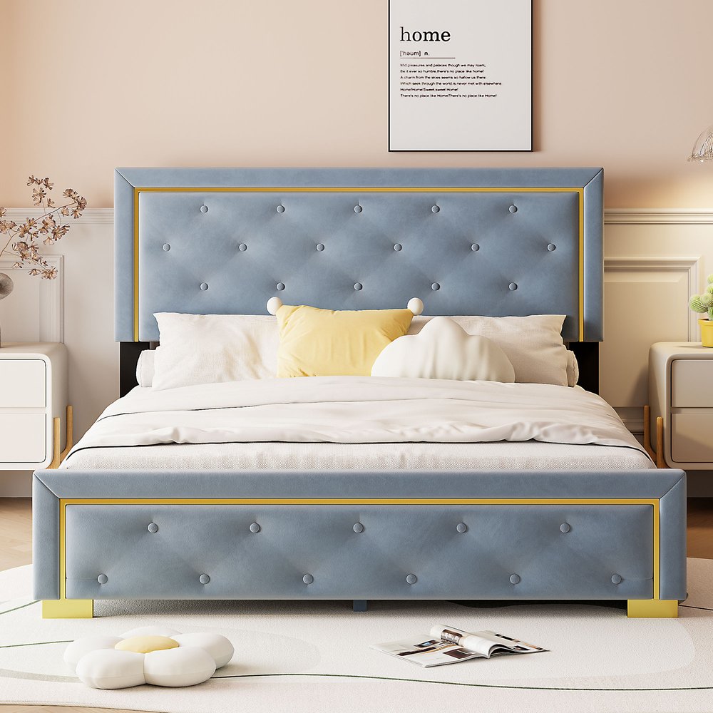 Gray Tufted Velvet Upholstered Queen Bed Frame