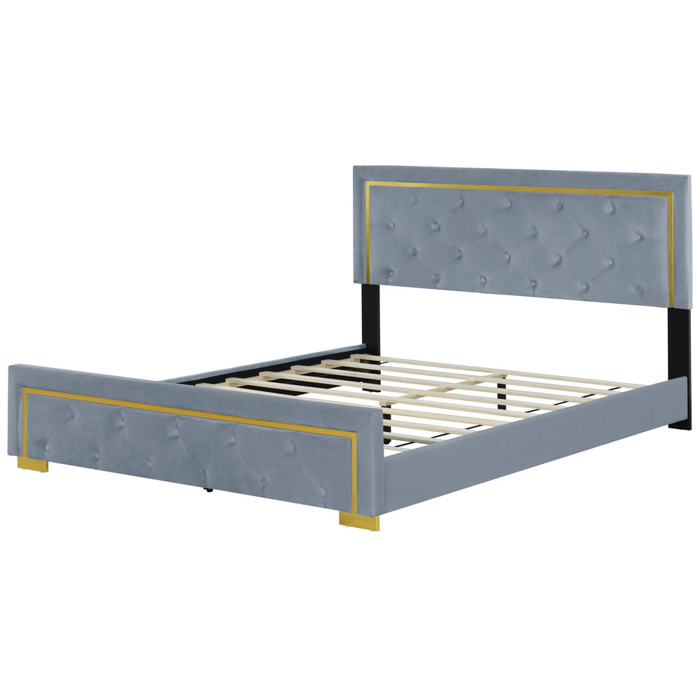Gray Tufted Velvet Upholstered Queen Bed Frame