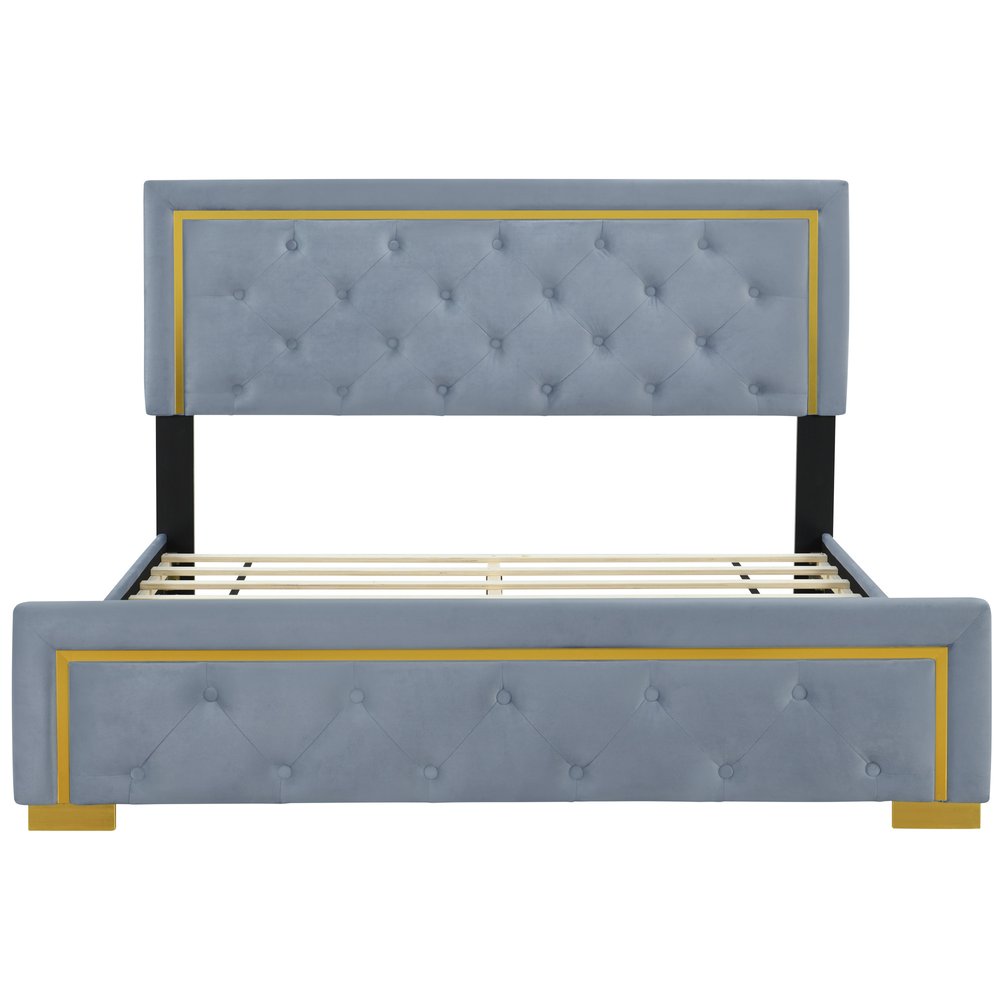 Gray Tufted Velvet Upholstered Queen Bed Frame