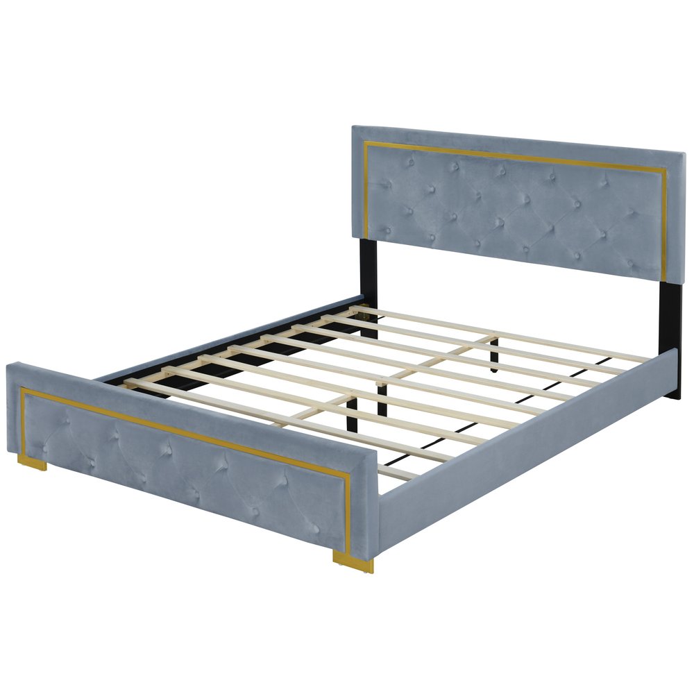 Gray Tufted Velvet Upholstered Queen Bed Frame