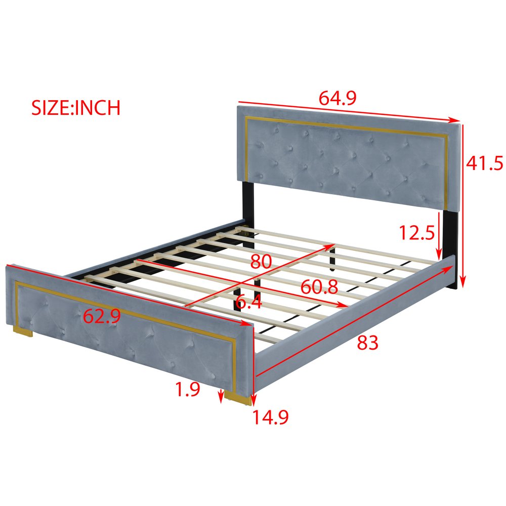 Gray Tufted Velvet Upholstered Queen Bed Frame