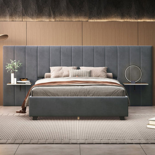 Gray Tufted Velvet Upholstered Queen Bed Frame