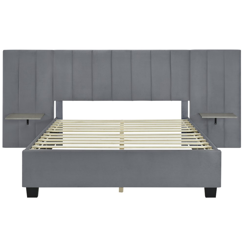 Gray Tufted Velvet Upholstered Queen Bed Frame