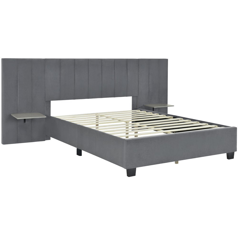 Gray Tufted Velvet Upholstered Queen Bed Frame