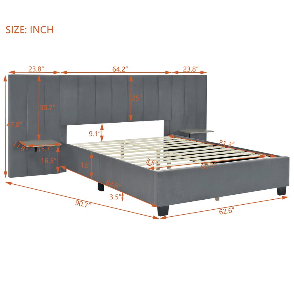 Gray Tufted Velvet Upholstered Queen Bed Frame