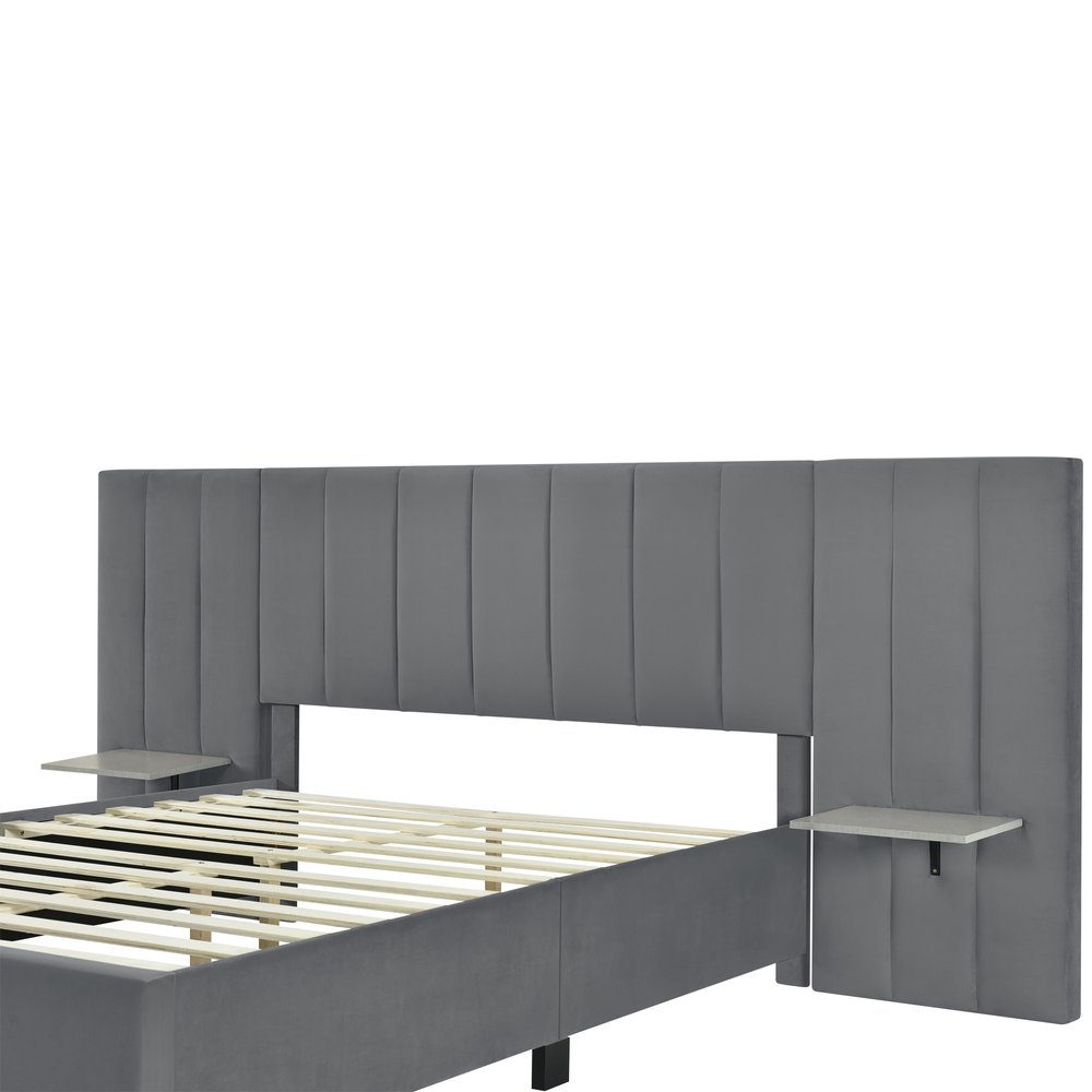 Gray Tufted Velvet Upholstered Queen Bed Frame