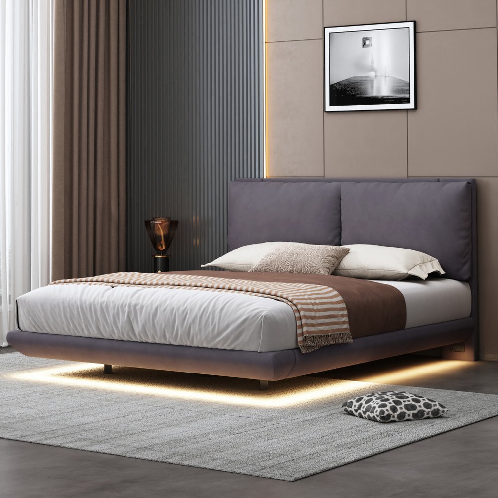 Gray Tufted Upholstered Queen Bed Frame With LED Lighting And USB