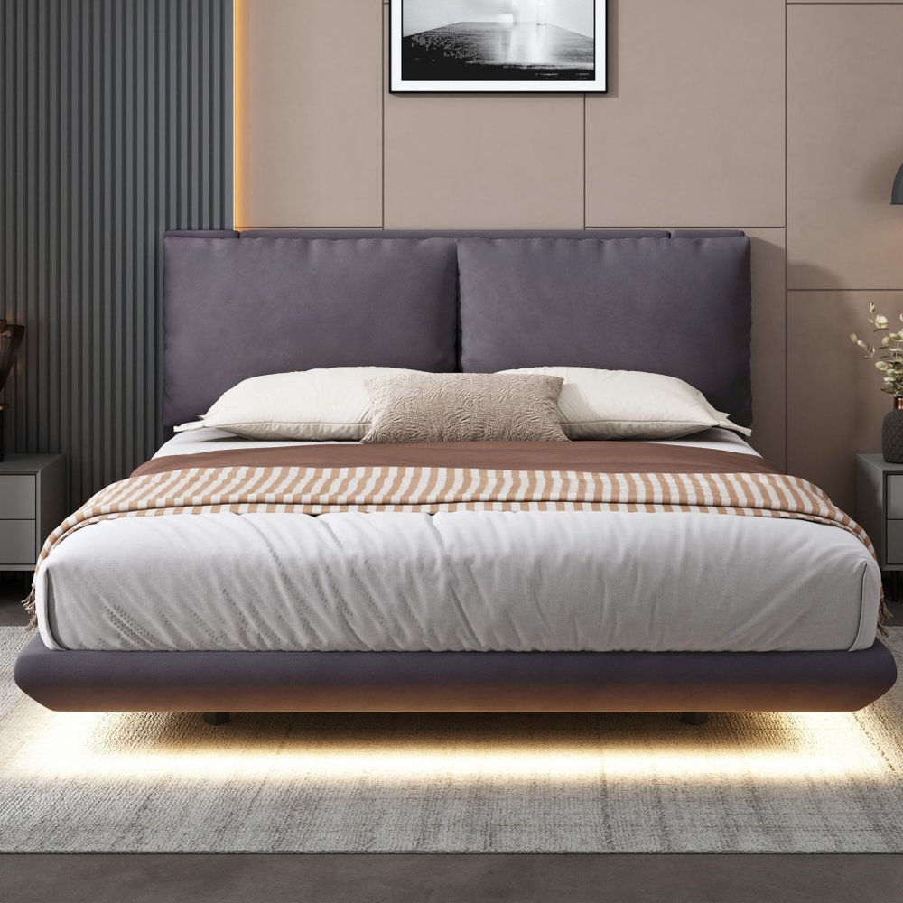 Gray Tufted Upholstered Queen Bed Frame With LED Lighting And USB