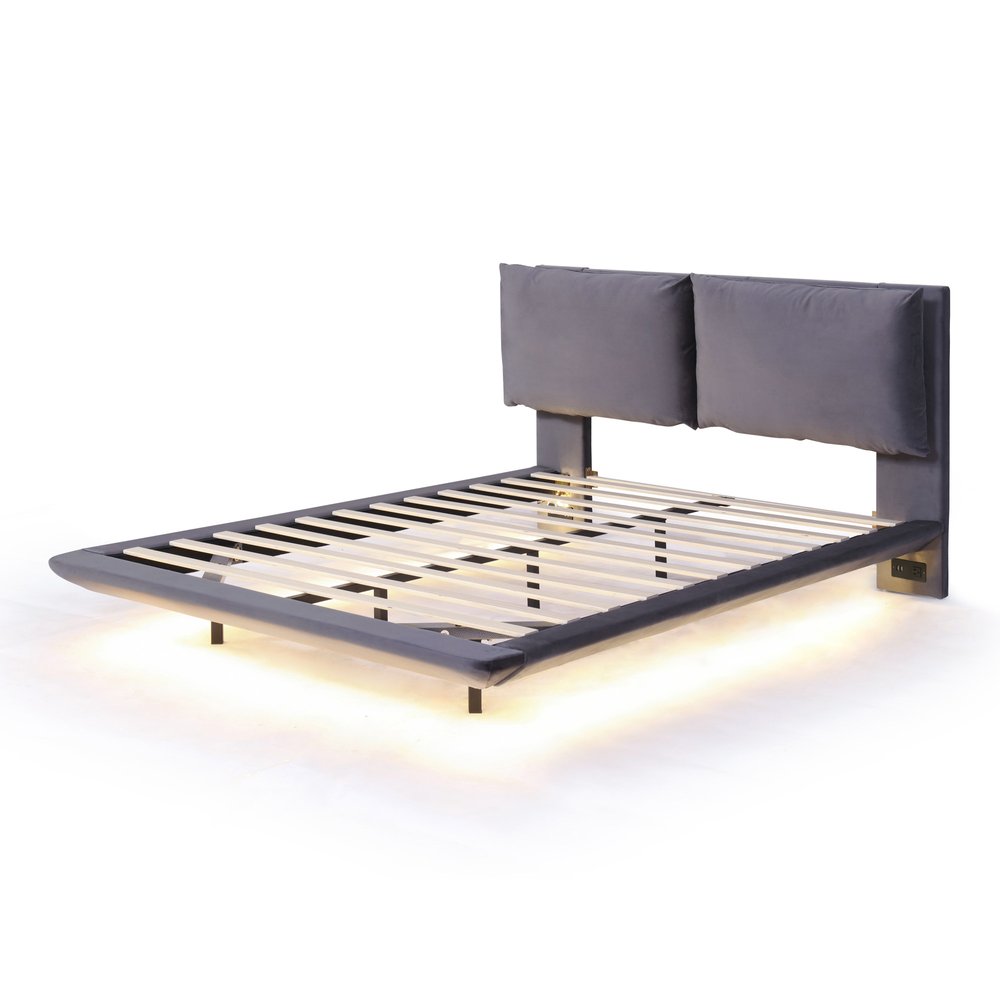 Gray Tufted Upholstered Queen Bed Frame With LED Lighting And USB