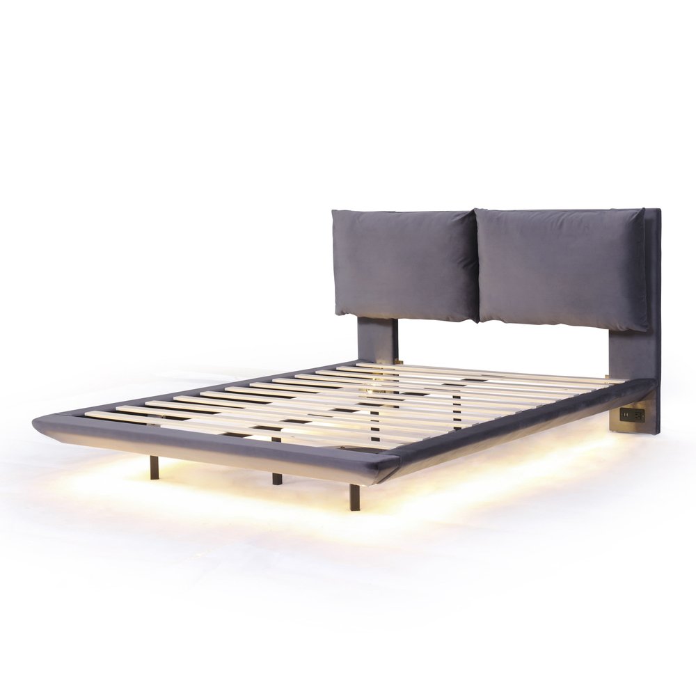 Gray Tufted Upholstered Queen Bed Frame With LED Lighting And USB