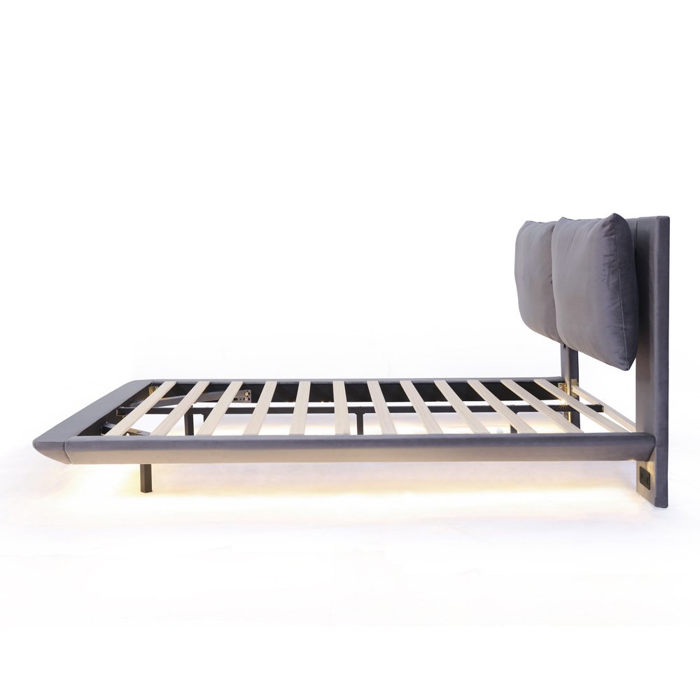 Gray Tufted Upholstered Queen Bed Frame With LED Lighting And USB