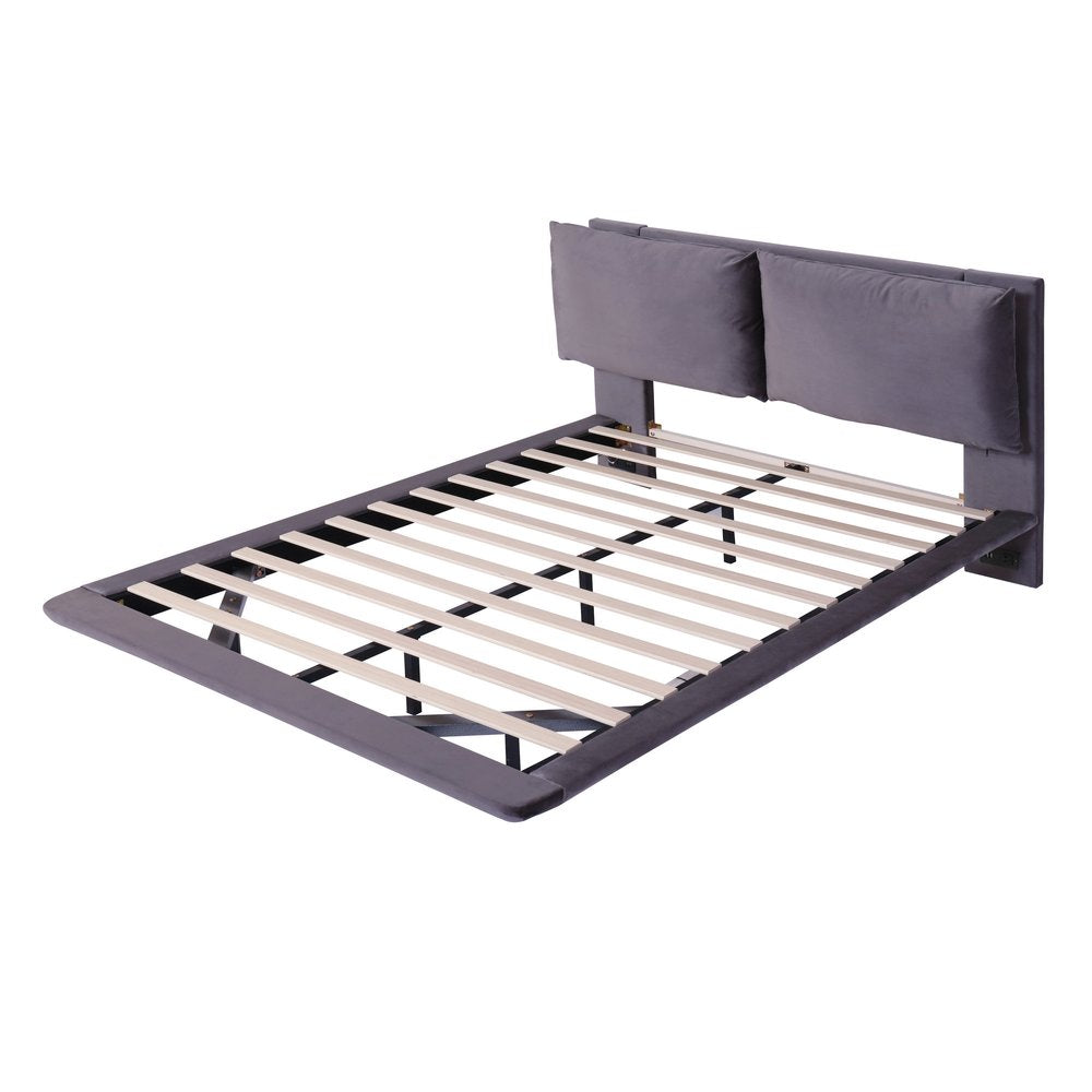 Gray Tufted Upholstered Queen Bed Frame With LED Lighting And USB