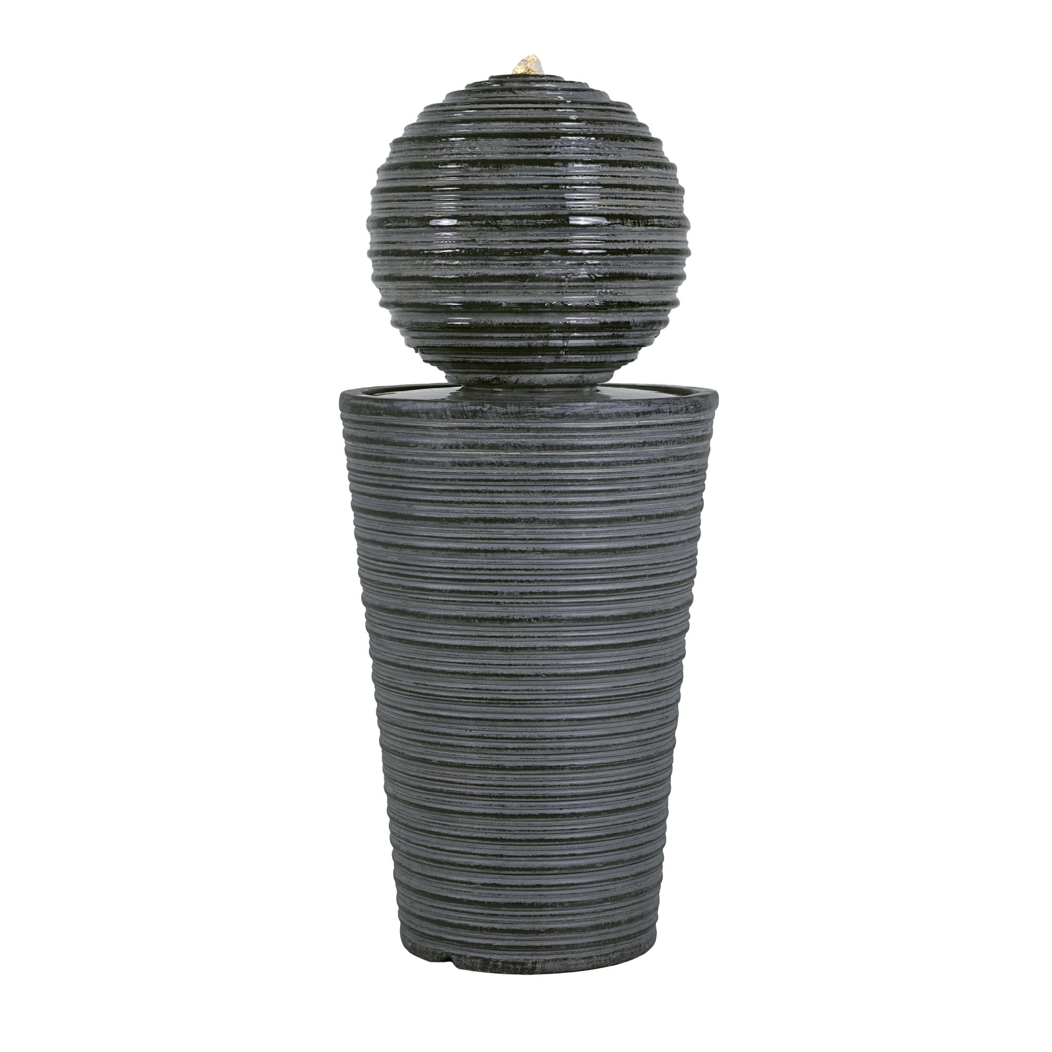 Gray concrete column fountain with striped finish, outdoor decor by Anthony & Home, limited edition, featuring a tall, elegant design