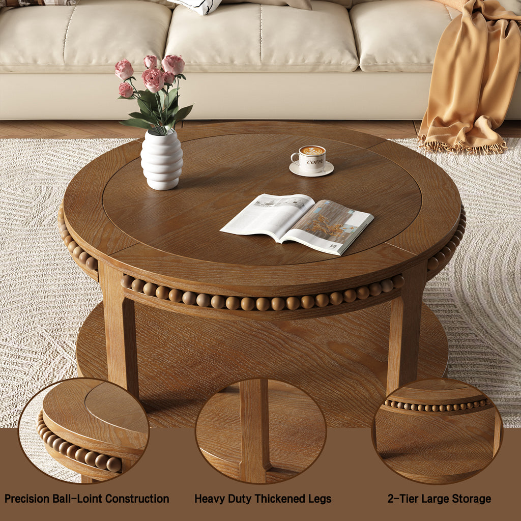 Studio Walnut Round Coffee Table by Anthony & Home featuring solid wood construction and a two-tier design.