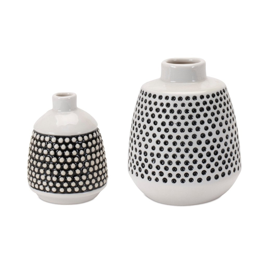 Set of Two Black And White Ceramic Round Table Vases