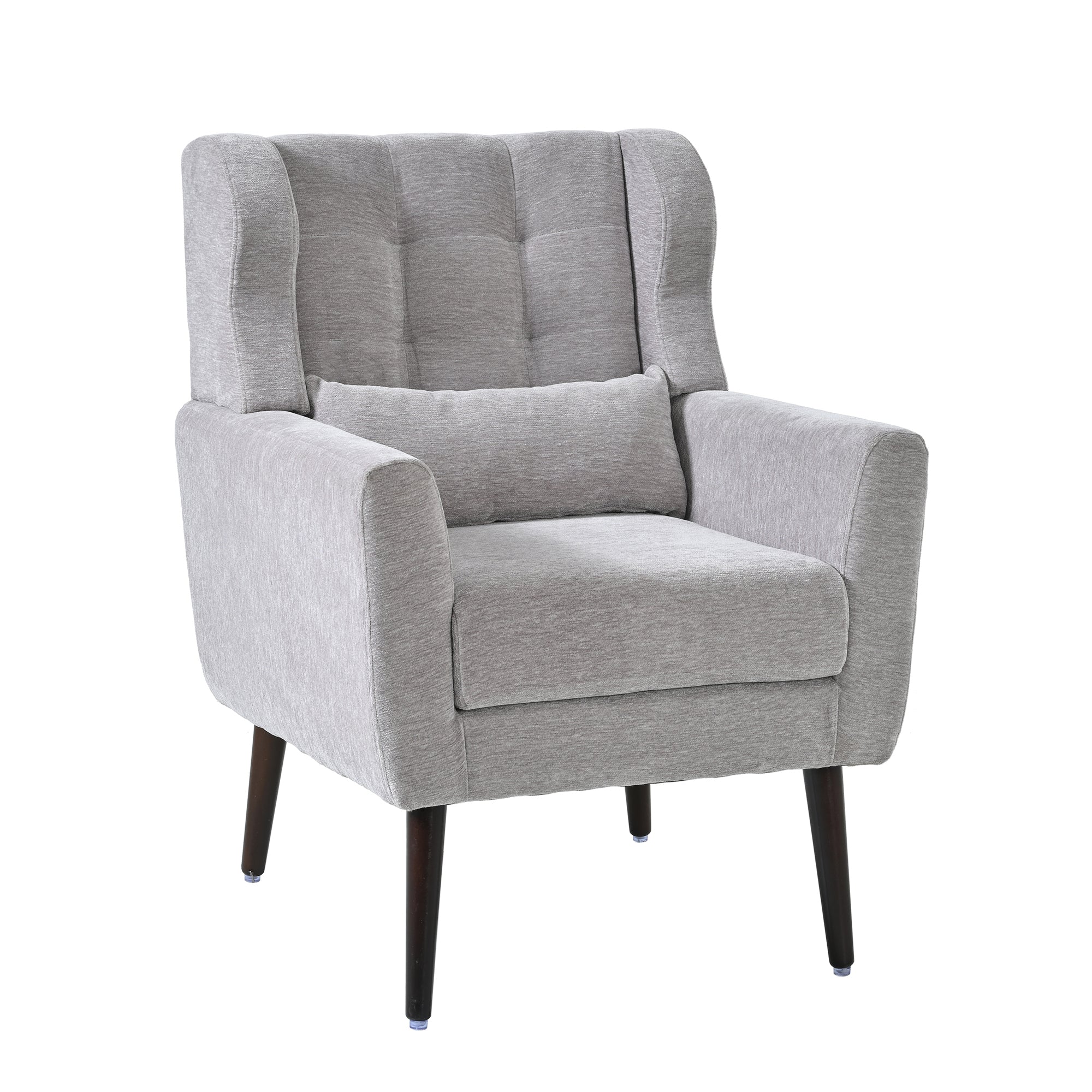 Gray chenille accent chair with solid wood legs, stylish studio seating by Anthony & Home.