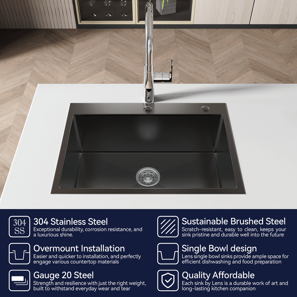 Handmade black stainless steel kitchen sink overmount by Anthony & Home, showcasing durable, sleek design and installation details.