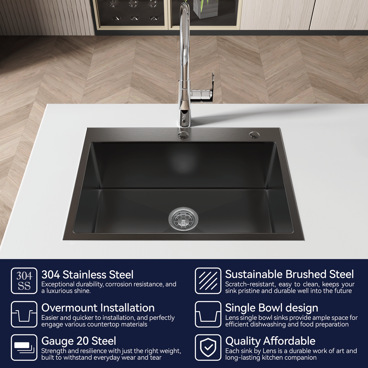 Handmade black stainless steel kitchen sink overmount by Anthony & Home, showcasing durable, sleek design and installation details.