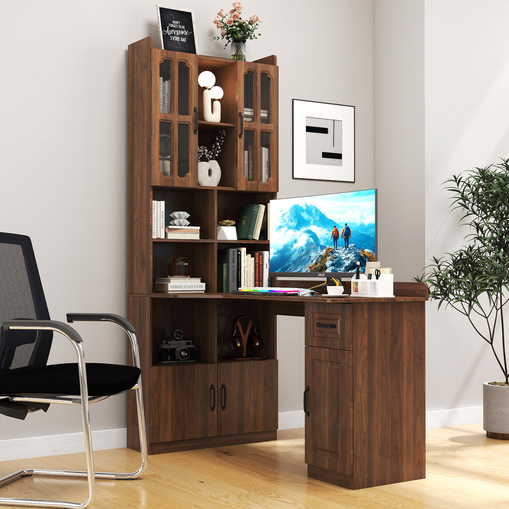 L-shaped corner desk with hutch in oak veneer from Anthony & Home, showing the spacious workspace and storage compartments.