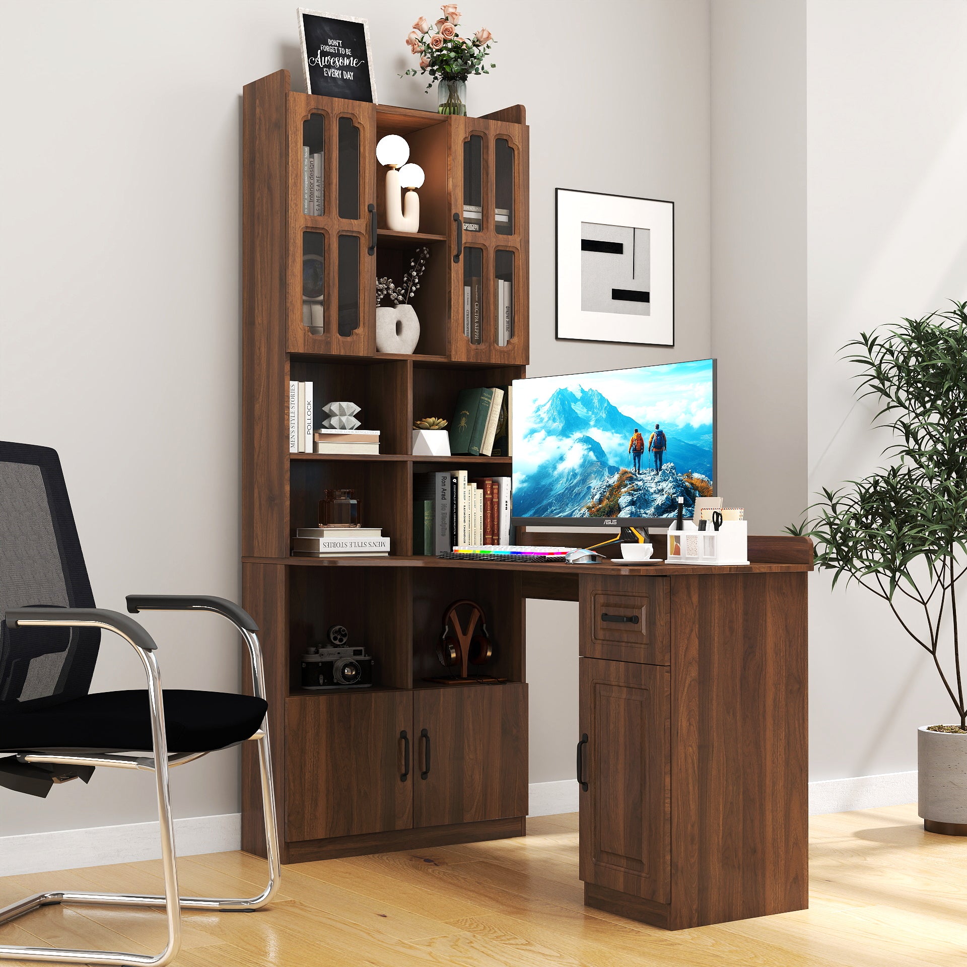L-shaped corner desk with hutch in oak veneer from Anthony & Home, showing the spacious workspace and storage compartments.