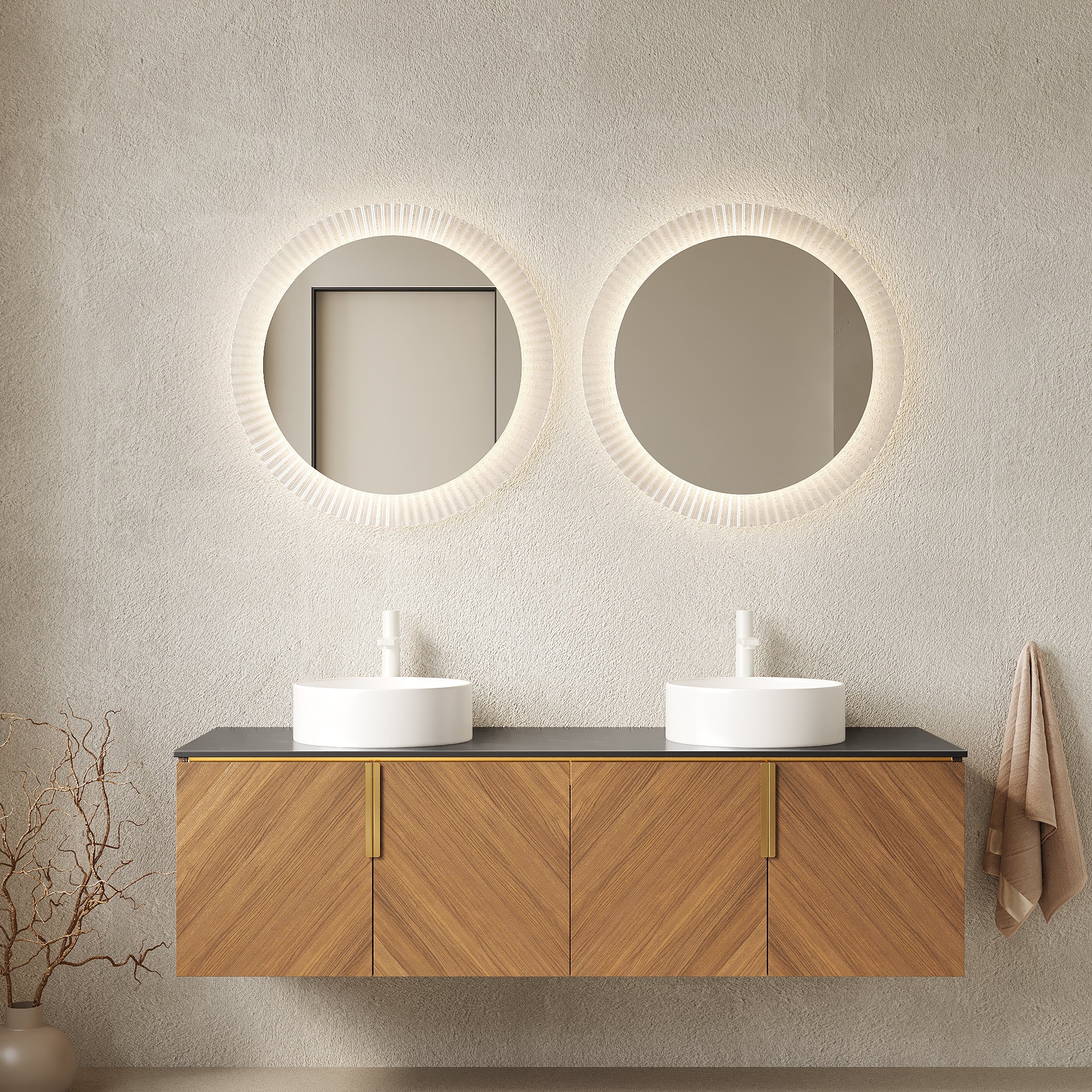 Anthony & Home ARAI 60' bathroom vanity with white ceramic sinks, black stone countertop, wall-mounted brown oak wood cabinet with 4 doors.