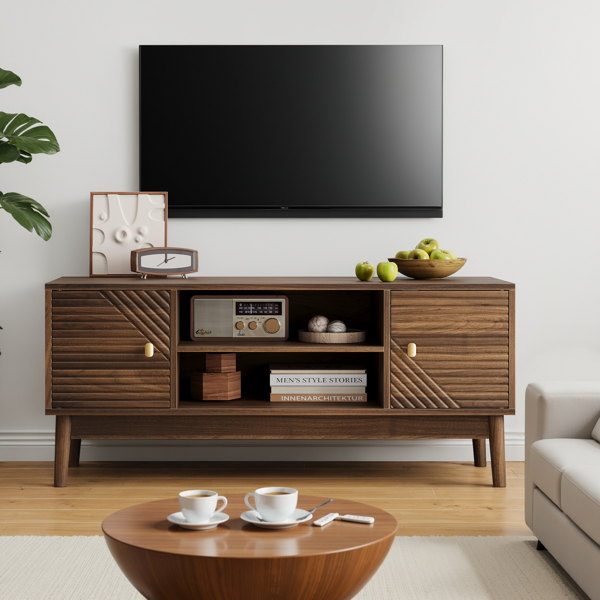 Walnut MDF mid-century modern TV stand for 32/45 inch TV with storage, 43.31-inch media console for living room or bedroom.