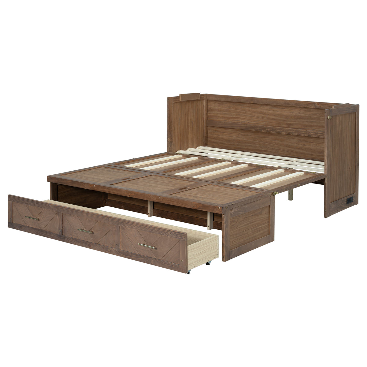 Murphy bed studio in light walnut finish with sleek wood design and modern furniture, showcasing a compact space-saving setup.