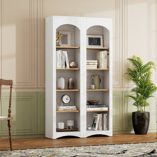 On-Trend Free-Standing 5 Tier Bookshelves Set of 2 Exclusive Two-Tone Farmhouse Cabinet With Adjustable Shelves