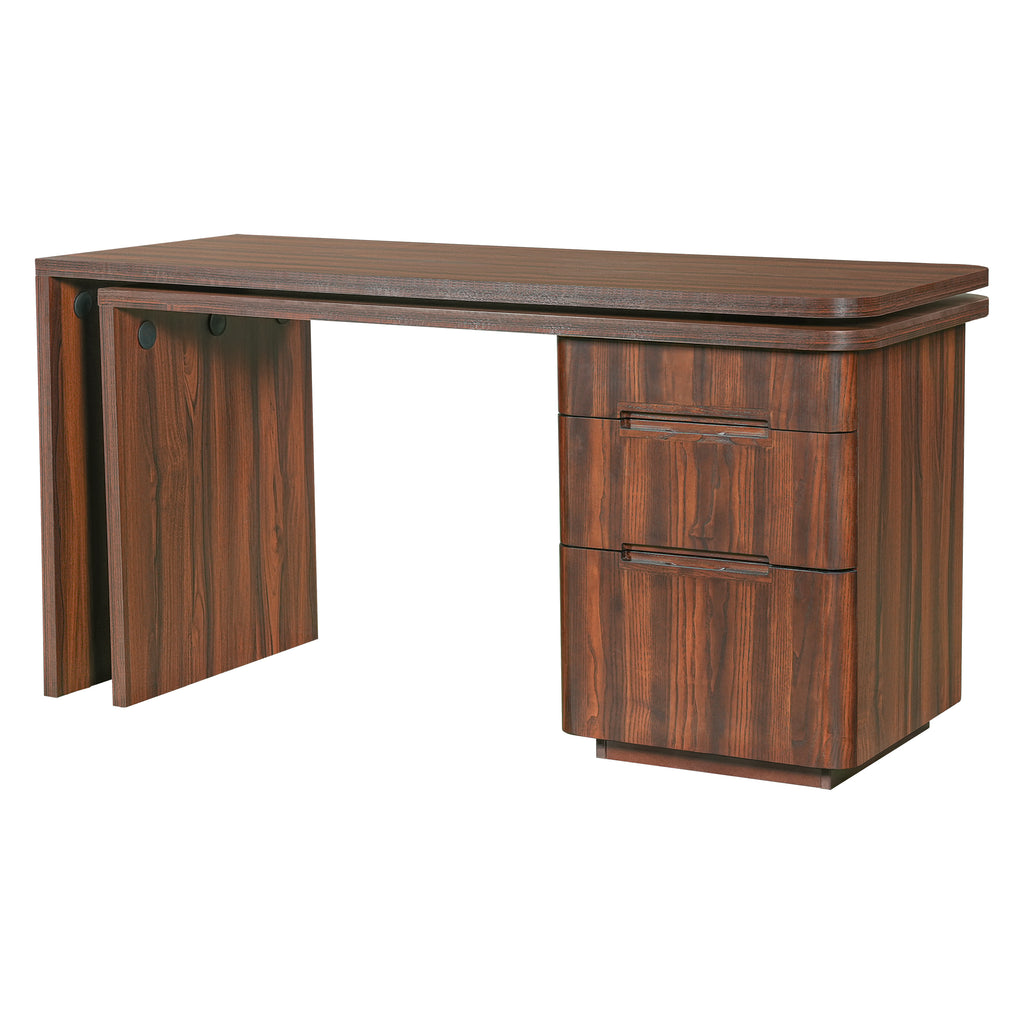 Walnut Anthony & Home L-shaped desk with 3 drawers and 360-degree rotation, featuring a sleek modern design.