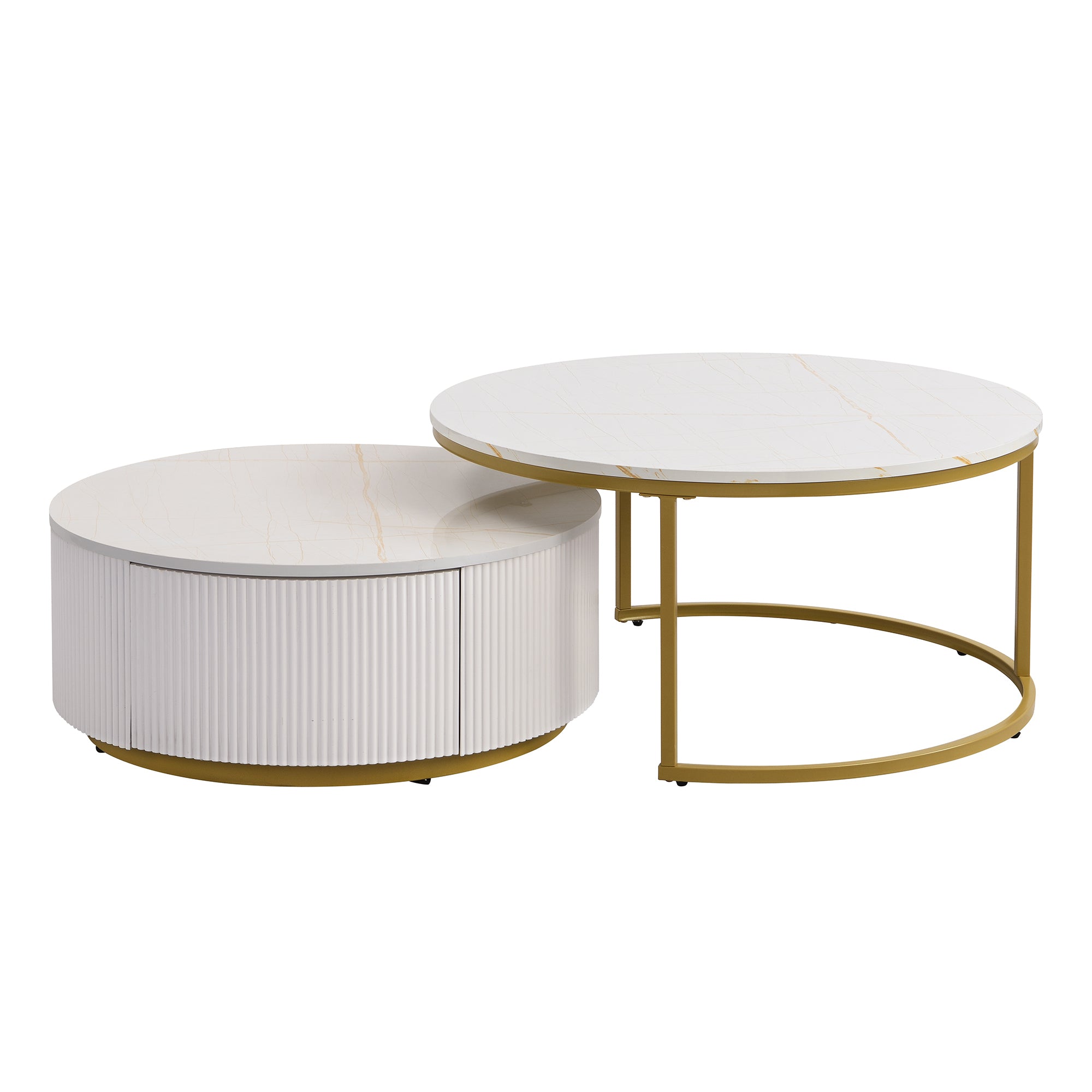 Round nesting coffee table with white gloss top and gold fluted base from Anthony & Home Signature Collection.
