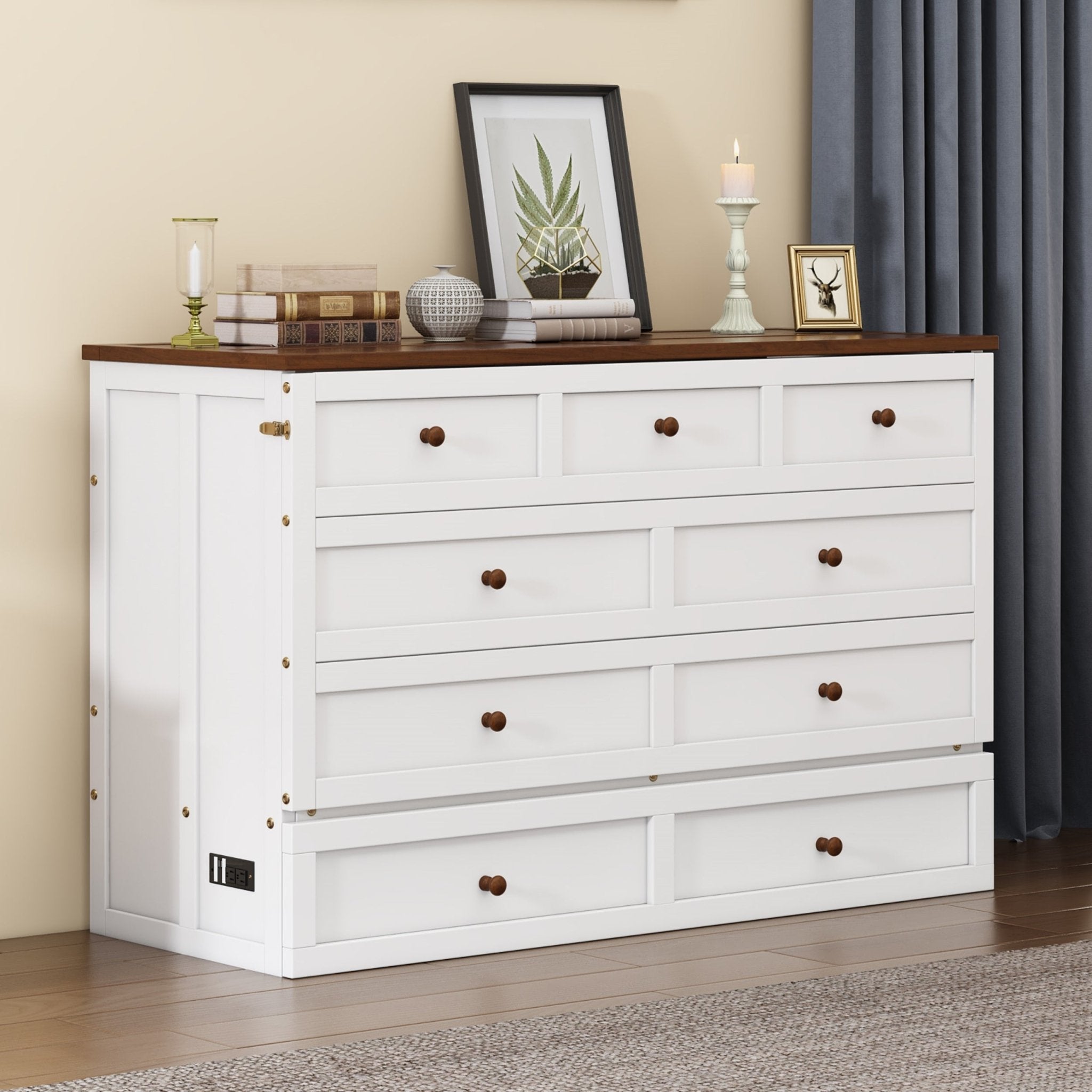 Queen Murphy bed chest by Anthony & Home with solid pine finish and built-in charging station, showcasing a compact, functional furniture piece.