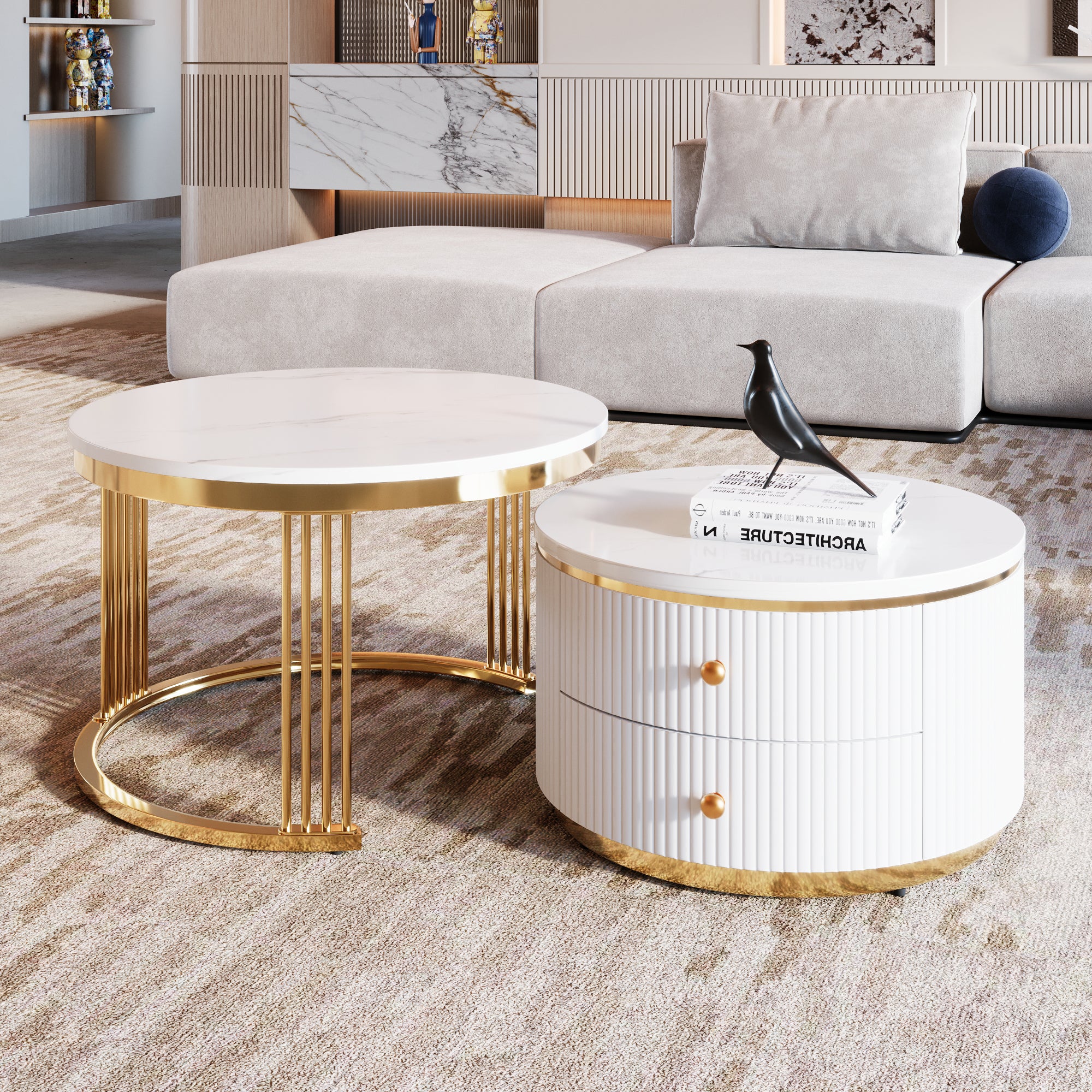 Pair of gold and white round nesting coffee tables with drawers by Anthony & Home, modern living room decor.