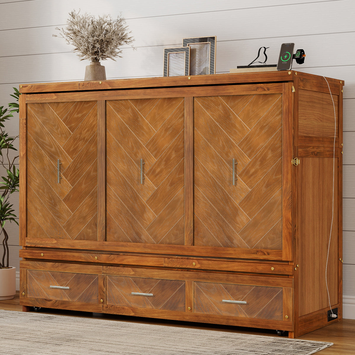 Queen size walnut Murphy bed with geometric panel, USB charging station, from Anthony & Home Studio Collection