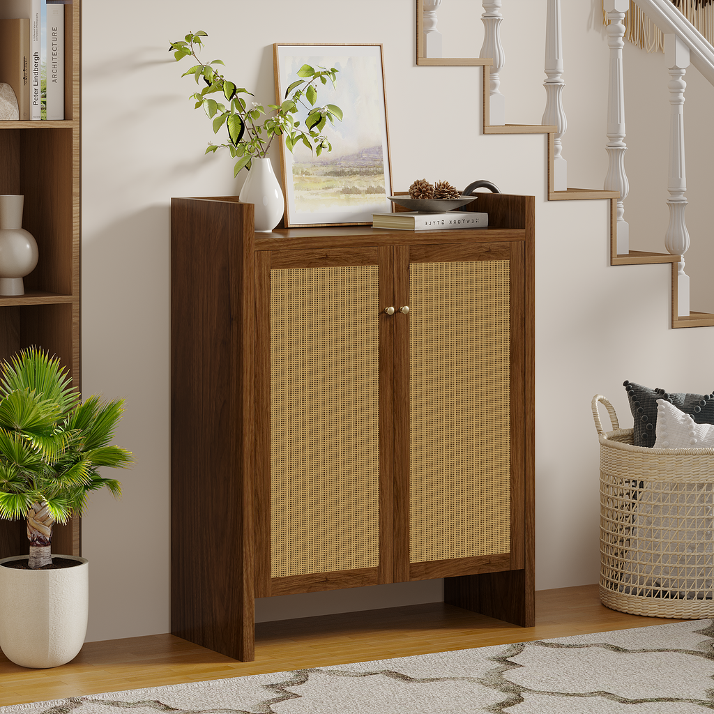 Walnut finish Anthony & Home 6-tier shoe cabinet with multiple shelves for entryway organization. Freestanding storage unit.
