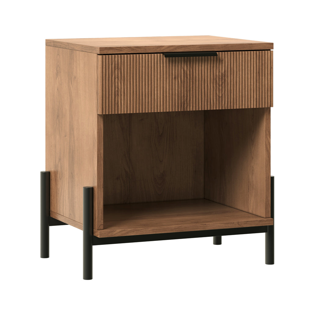 Anthony & Home Atelier Signature Fluted Drawer Nightstand with open cubby, modern bedroom furniture piece, sleek design and wood finish.