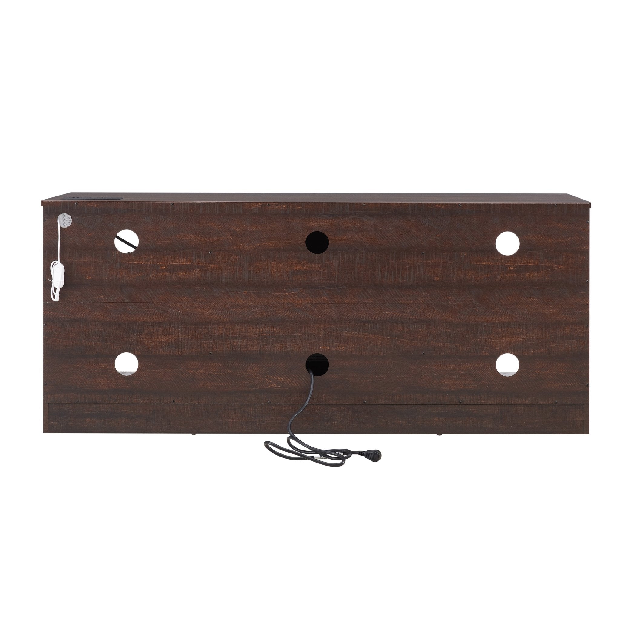 Anthony & Home espresso wood electric fireplace TV stand with LED lighting and USB charging outlet, showcasing a modern living room setup.