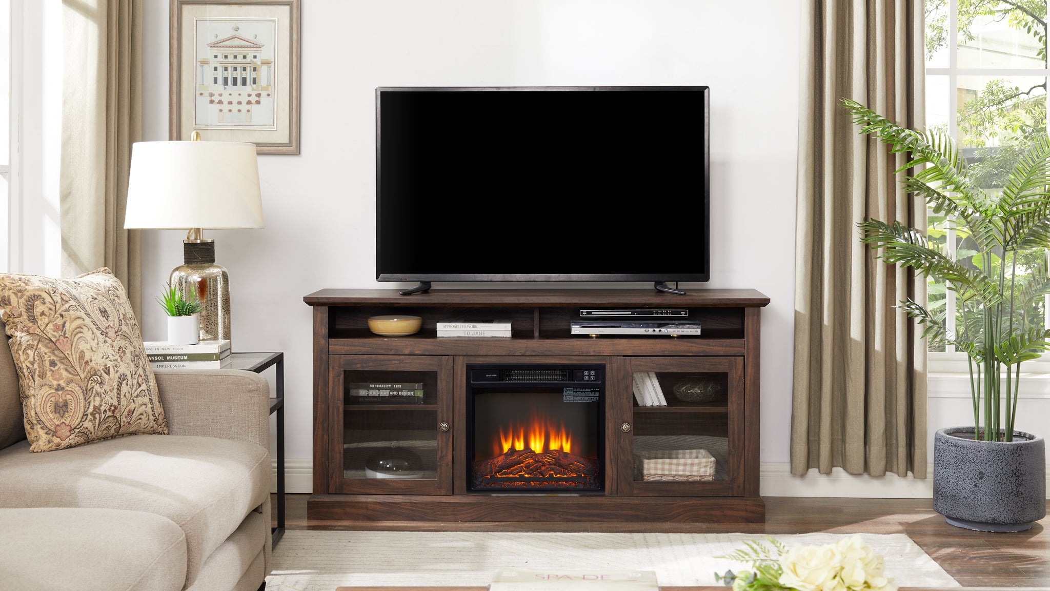 Brown wood Heritage Media Console with fireplace, 60-inch Anthony & Home entertainment stand with built-in electric fireplace.
