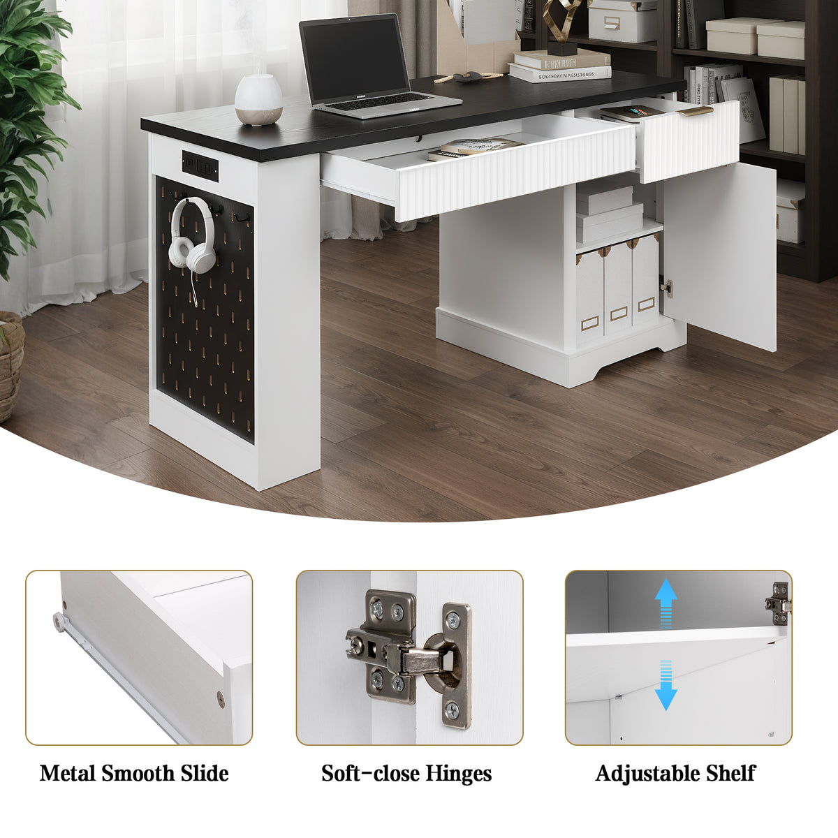 White Atelier Fluted Office Desk with storage cabinet, pegboard, and keyboard tray by Anthony & Home, 55-inch workspace
