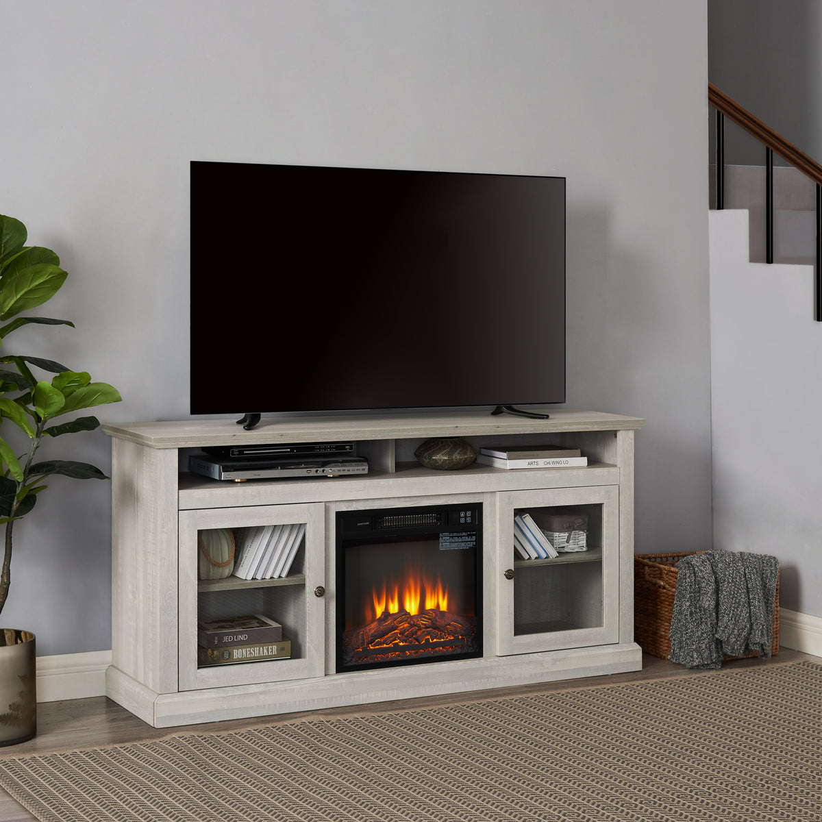 Stone gray finish Anthony & Home Studio TV media console with built-in fireplace, modern design, and ample storage.