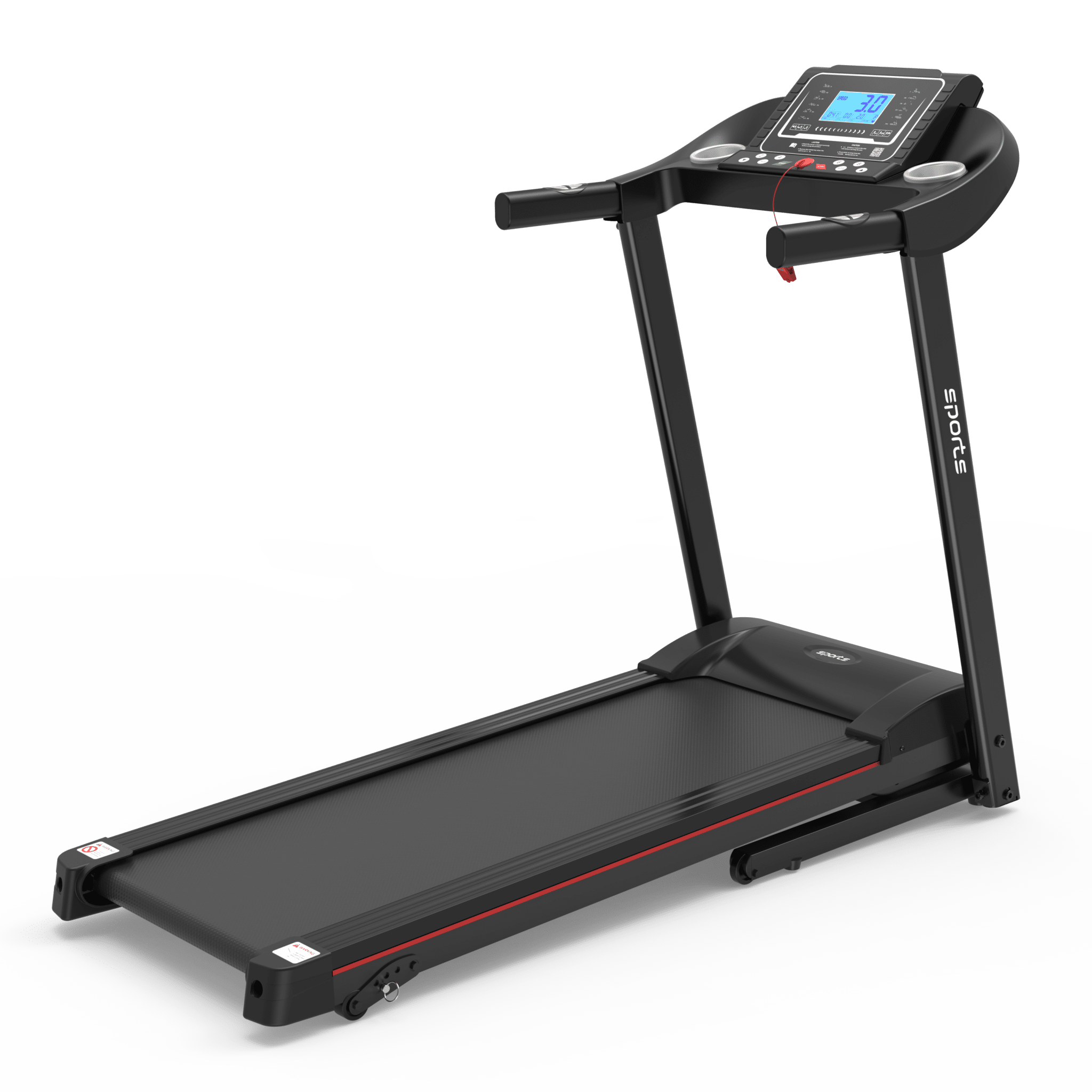 Anthony & Home Fitshow Elite Edition folding treadmill with hydraulic assist, quiet home gym equipment, side view showing running belt