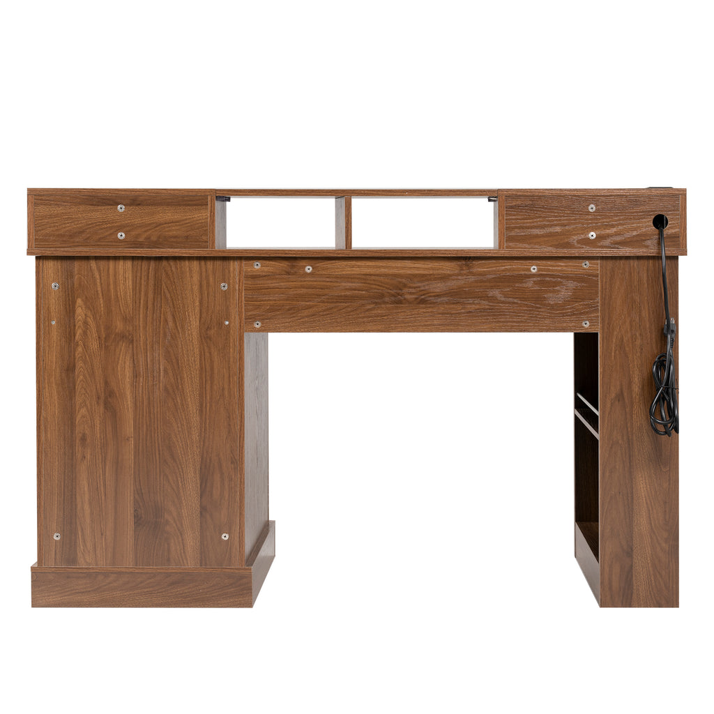 Dark walnut farmhouse office desk by Anthony & Home with barn door design, storage compartments, and keyboard tray.