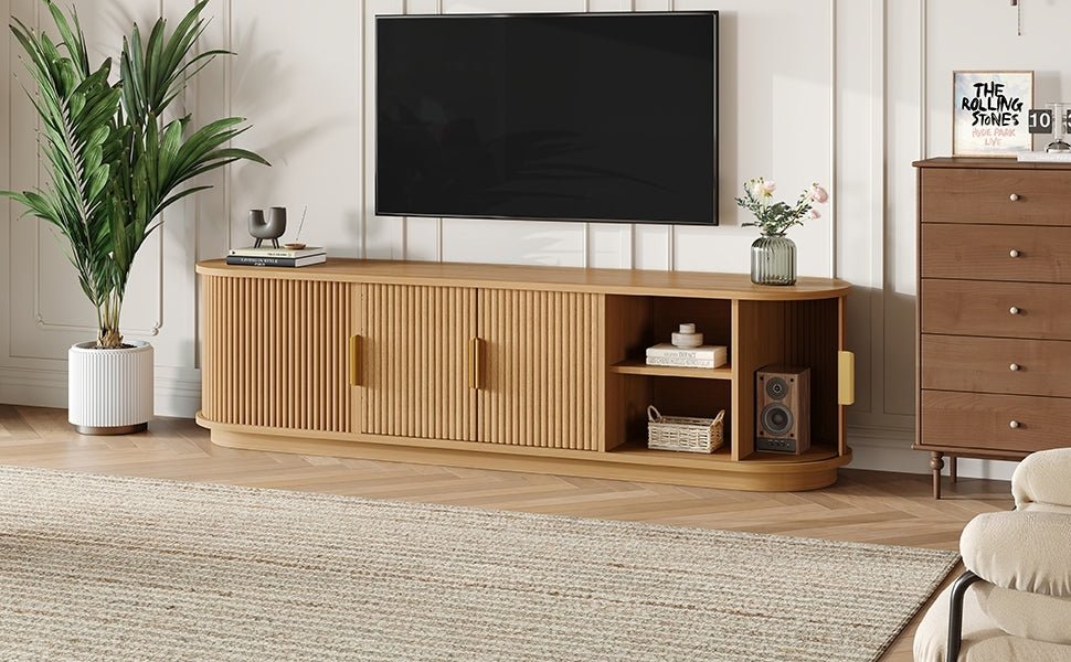 Anthony & Home Studio Collection TV stand with gold handles, modern wooden design, and ample storage space.